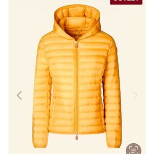 Save the Duck Mustard , XL. Lightweight Hooded Puffer. Cruelty Free. Packable